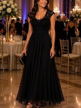 PAKULA Black Lace Maxi Dress Women’s L cap sleeves, Formal Evening Gown NWT